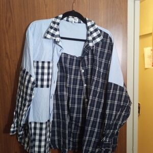 Fashion Nova Men's Patchwork Plaid Shirt - Navy and White